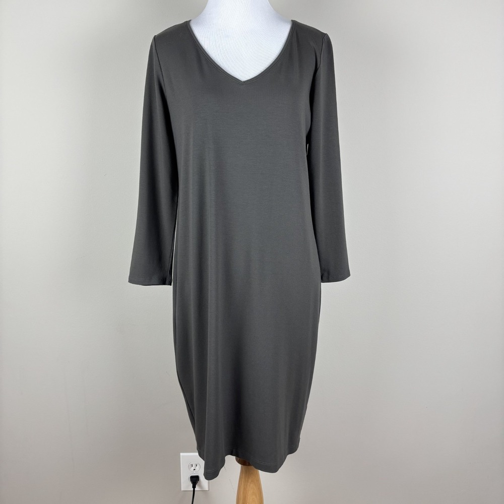Eileen Fisher Dress Small‎ Bark V-Neck 3/4 Sleeve Knee Length Stretch Minimalist